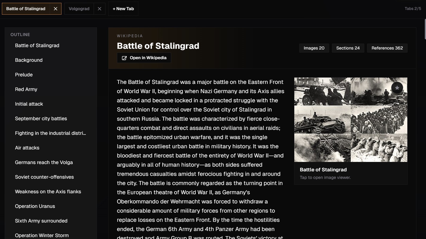 Wikipedia grounding panel inside Histora